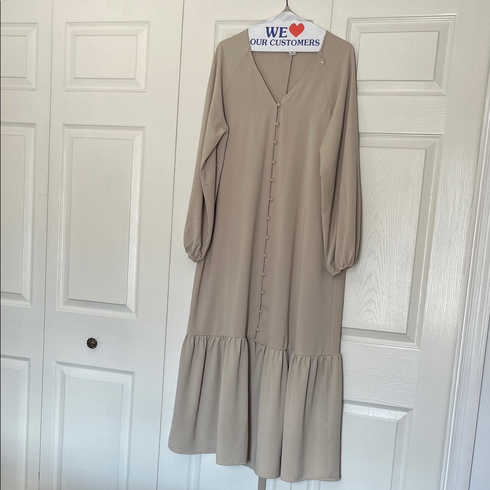 Chic Beige Long Sleeve Maternity Maxi Dress